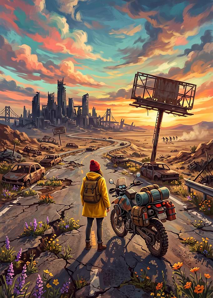 Post-Apocalyptic Traveler on Motorcycle