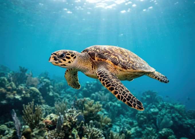 Sea Turtle Swimming in Coral Reef