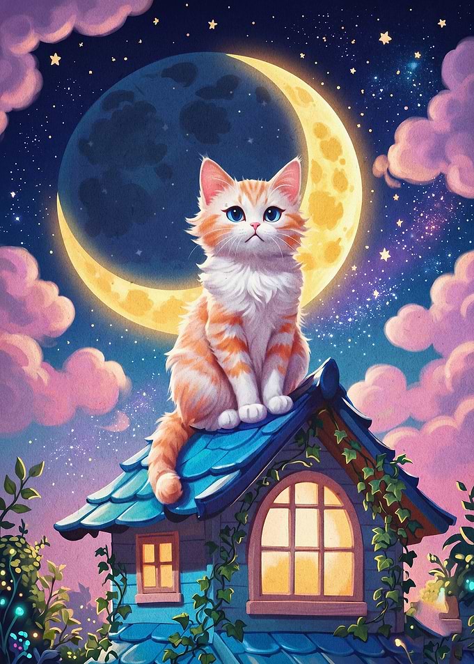 Cat Moon Roof Fantasy Art Poster