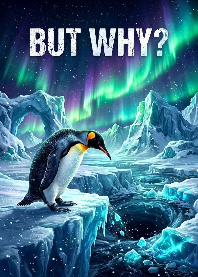Pensive Penguin Under Northern Lights