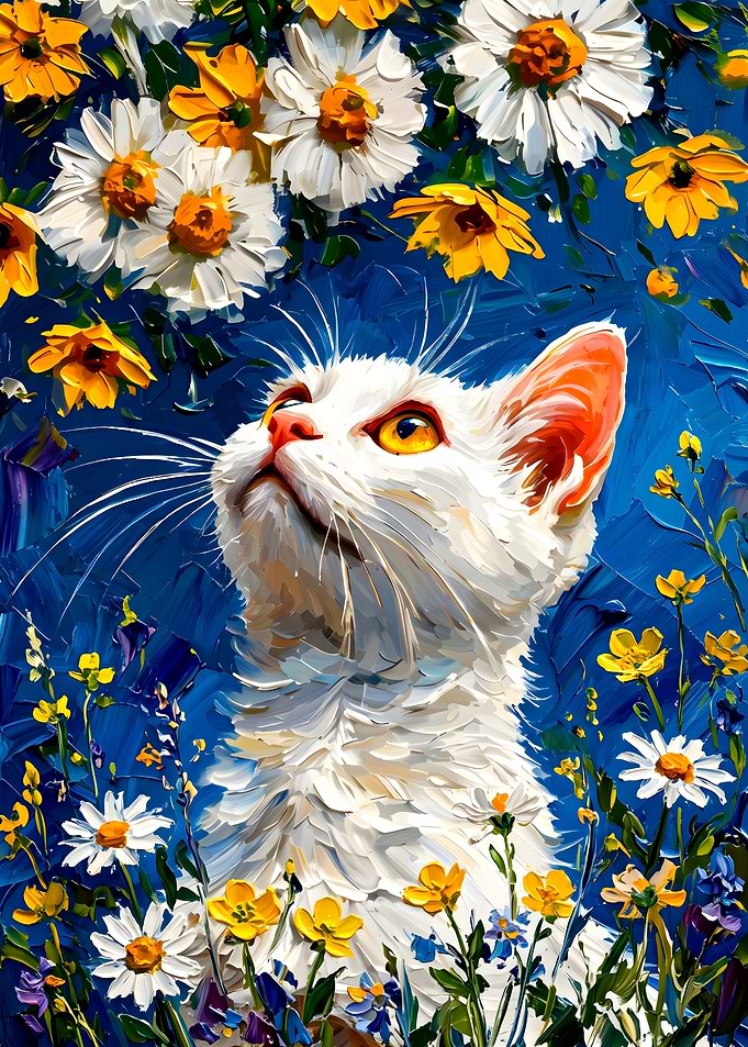 White Cat Among Wildflowers Painting