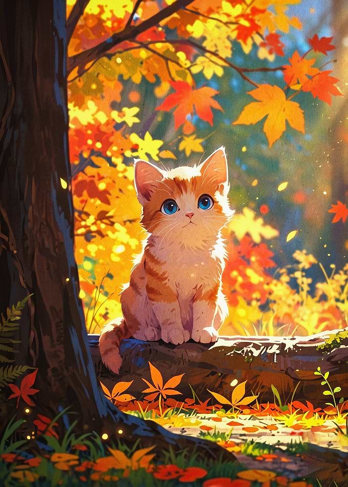 Autumn Cat Cute Forest Art Poster