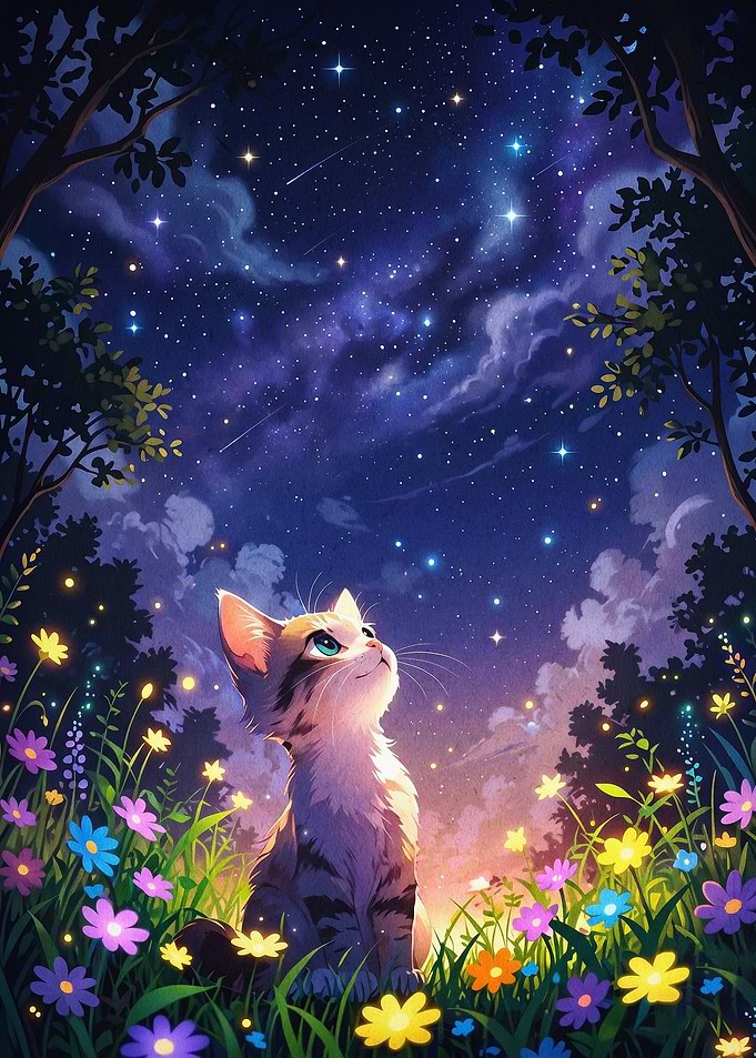 Cat Starry Night Cute Fantasy Art