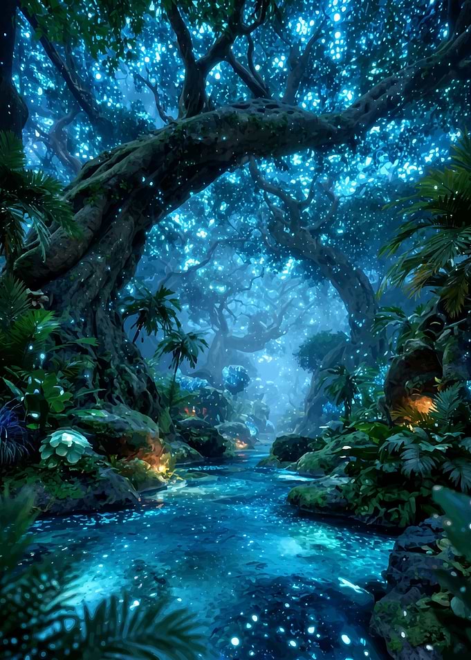 Enchanted Glowing Bioluminescent Forest Stream