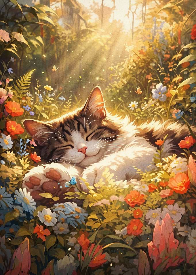 Sleeping Cat Sunny Meadow Art Poste
