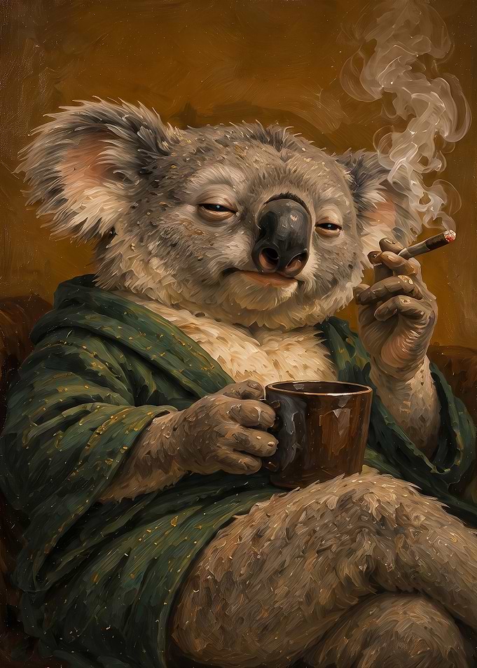 Relaxed Koala Smoking and Drinking Coffee
