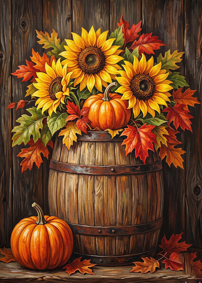 Sunflower Pumpkin Barrel Autumn Pos