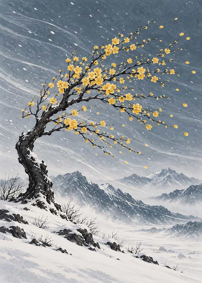 Yellow Blossoms on Snowy Mountain Tree