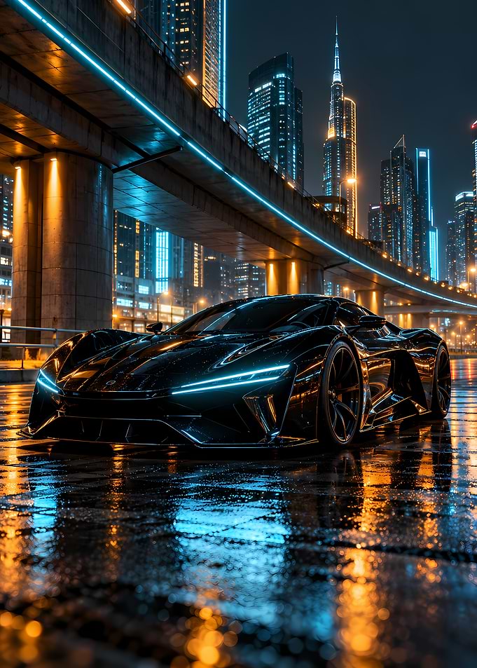 Sleek Black Supercar in City Night