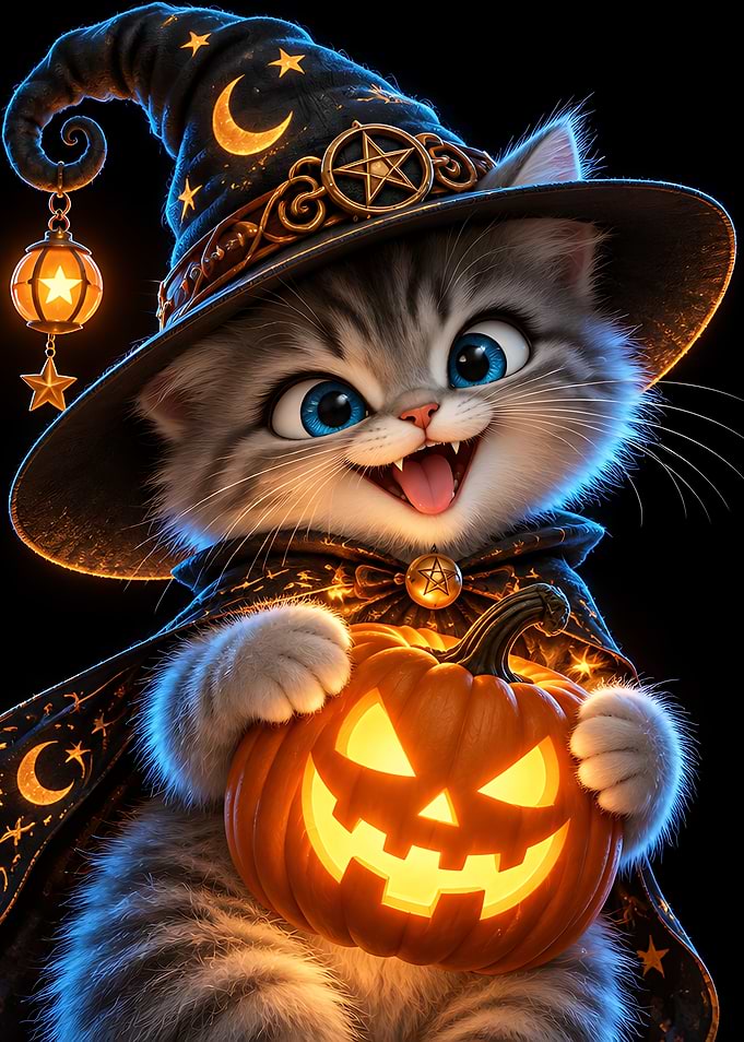 Cute Kitten Witch with Jack-o'-lantern