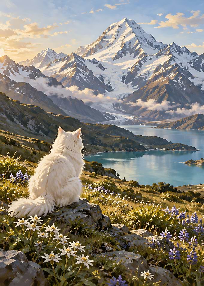 White Cat Overlooking Mountain Lake