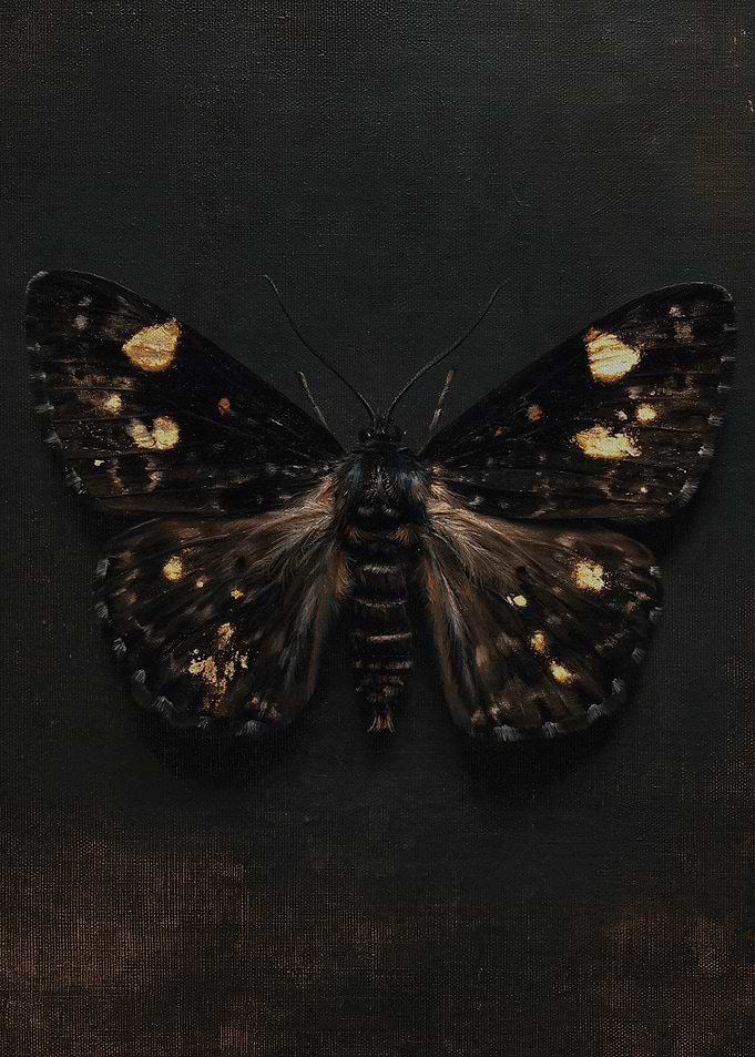 Dark Moth with Gold Spotted Wings, Gothic Insect Painting