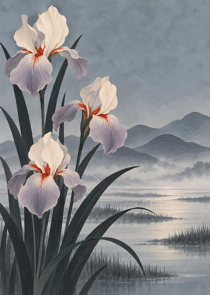 Elegant Iris Flowers in Misty Landscape