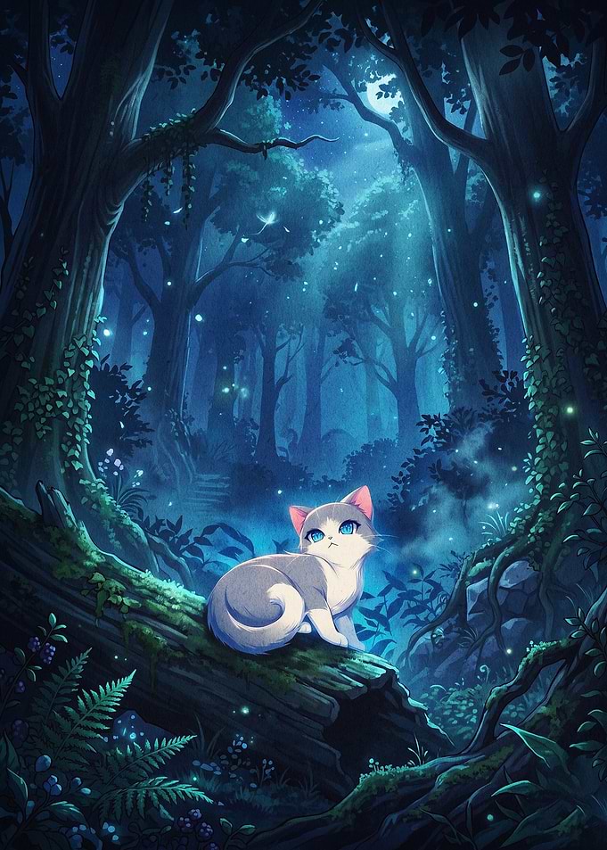 Cat Forest Night Magical Fantasy Ar