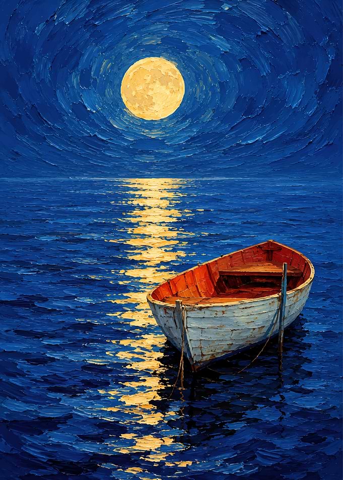 Moonlit Boat on Calm Sea