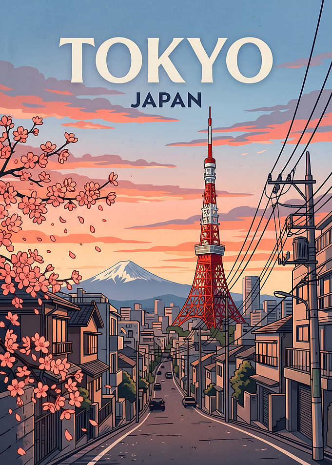 Tokyo Japan Sakura Mount Fuji Travel Poster
