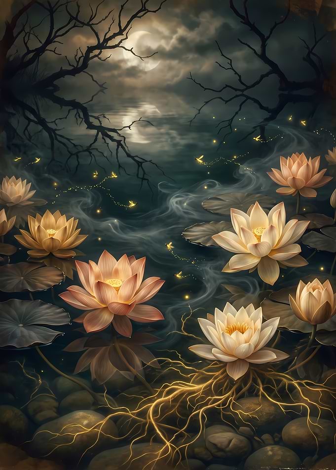 Glowing Lotus Flowers at Night
