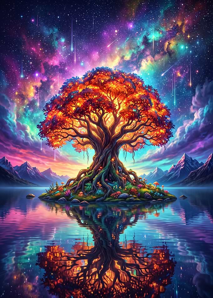 Glowing Cosmic Tree on Island