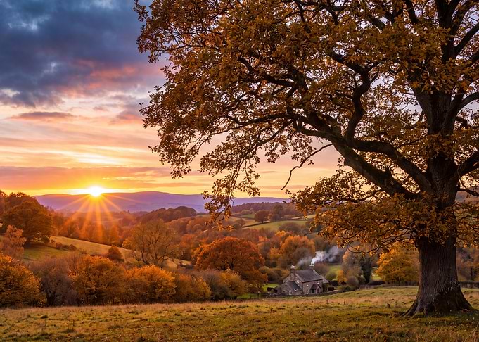Autumn Sunset Over Rural Cottage