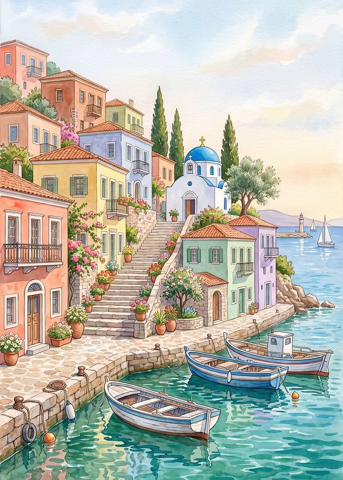 Mediterranean Coastal Village Watercolor Painting