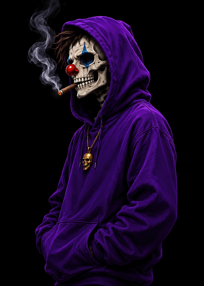 Smoking Skeleton Clown in Purple Hoodie