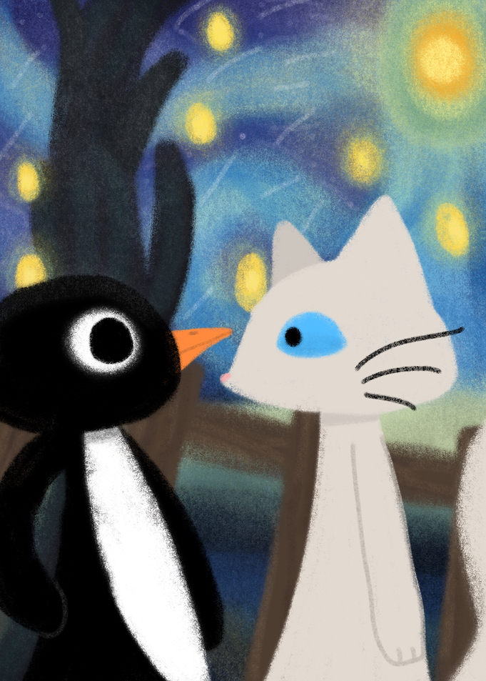 Penguin and Cat Starry Night