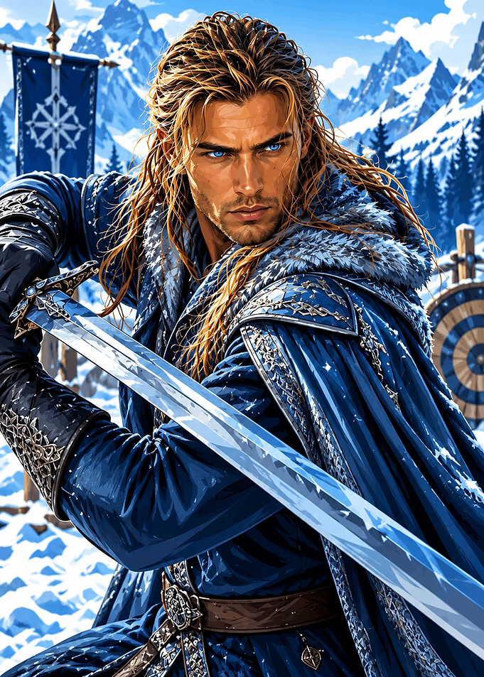 Blue-Clad Warrior in Snowy Mountains