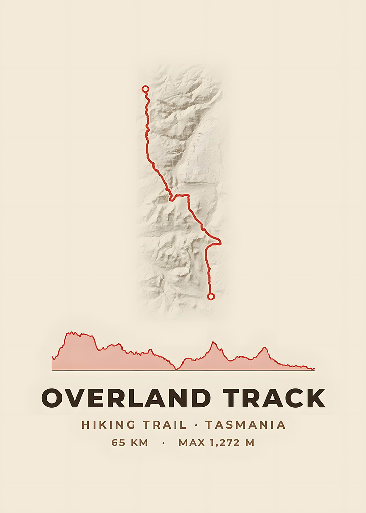 Overland Track Hiking Trail Map Vintage Topo Print