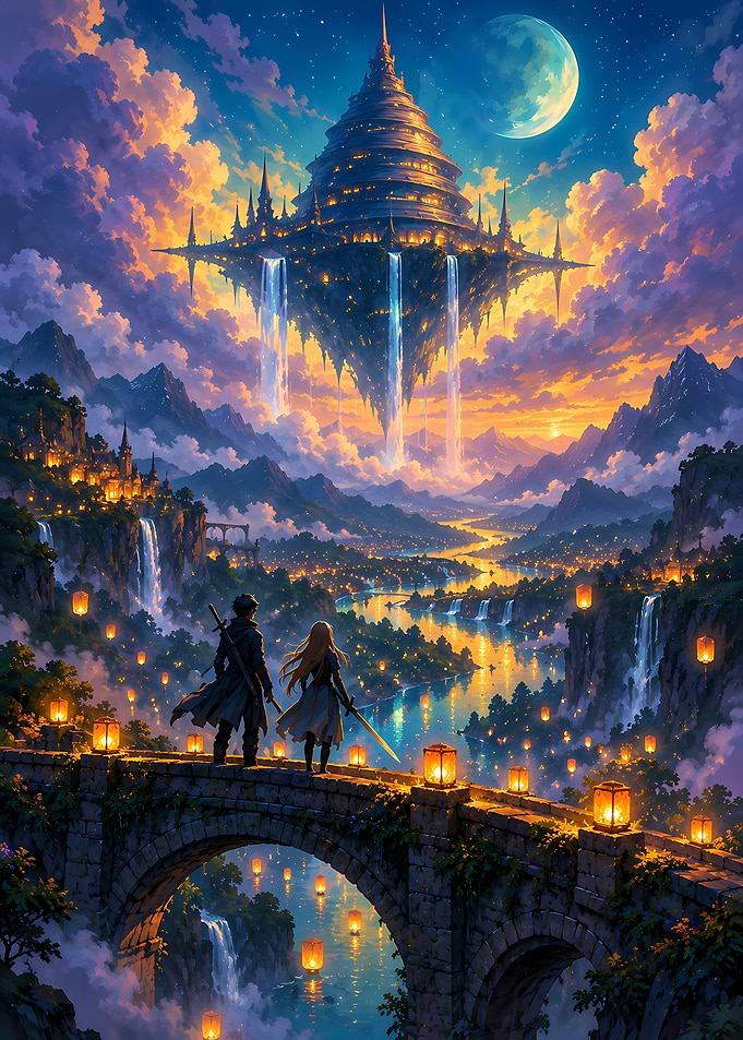 Fantasy Couple Watching Floating Castle