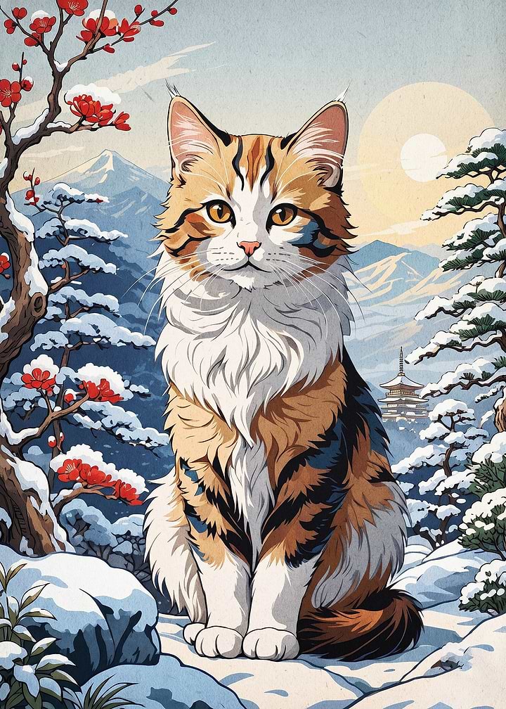 Cat Japan Winter Snow Ukiyo-e Art