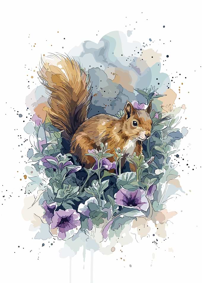 Watercolor Squirrel Among Purple Flowers