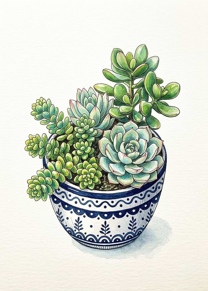 Watercolor Succulent Plant in Patterned Pot