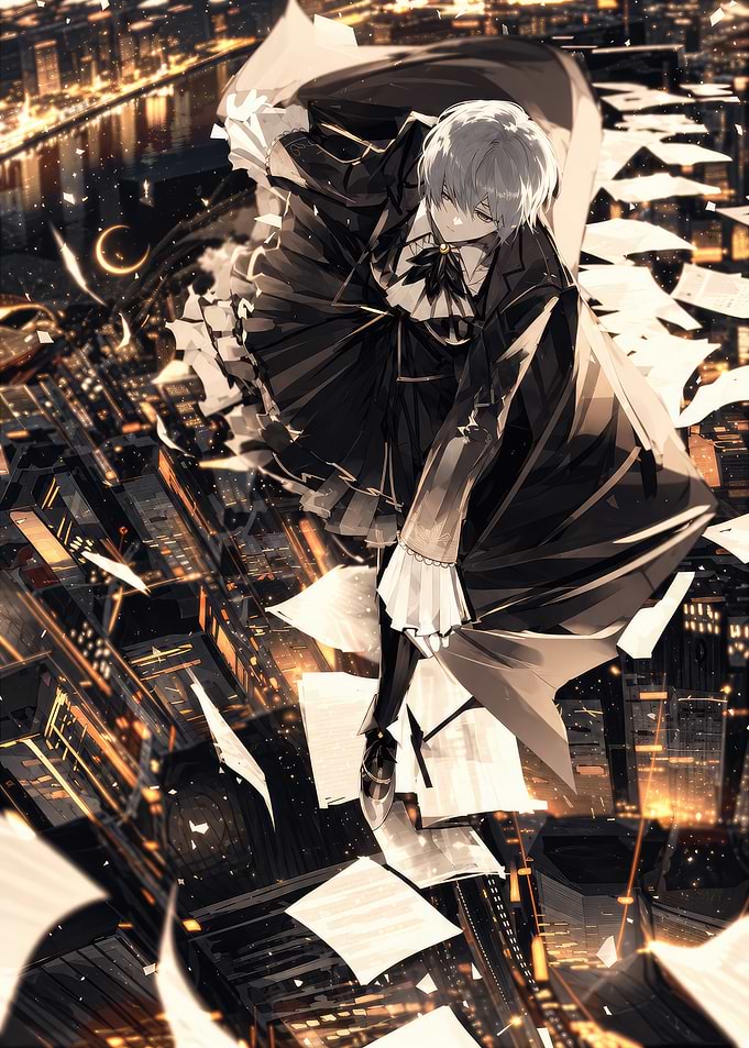 Anime Boy Floating Above Cityscape