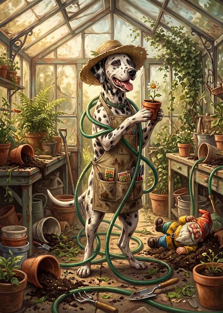 Dalmatian Gardener in a Greenhouse