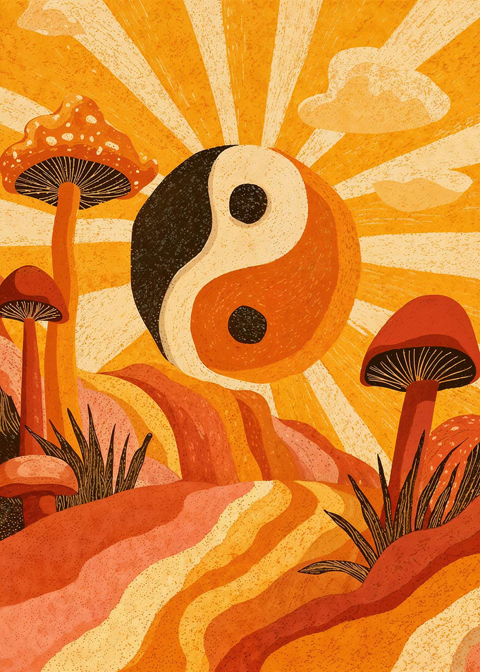 Retro Yin Yang Sun Above Mushroom Hills