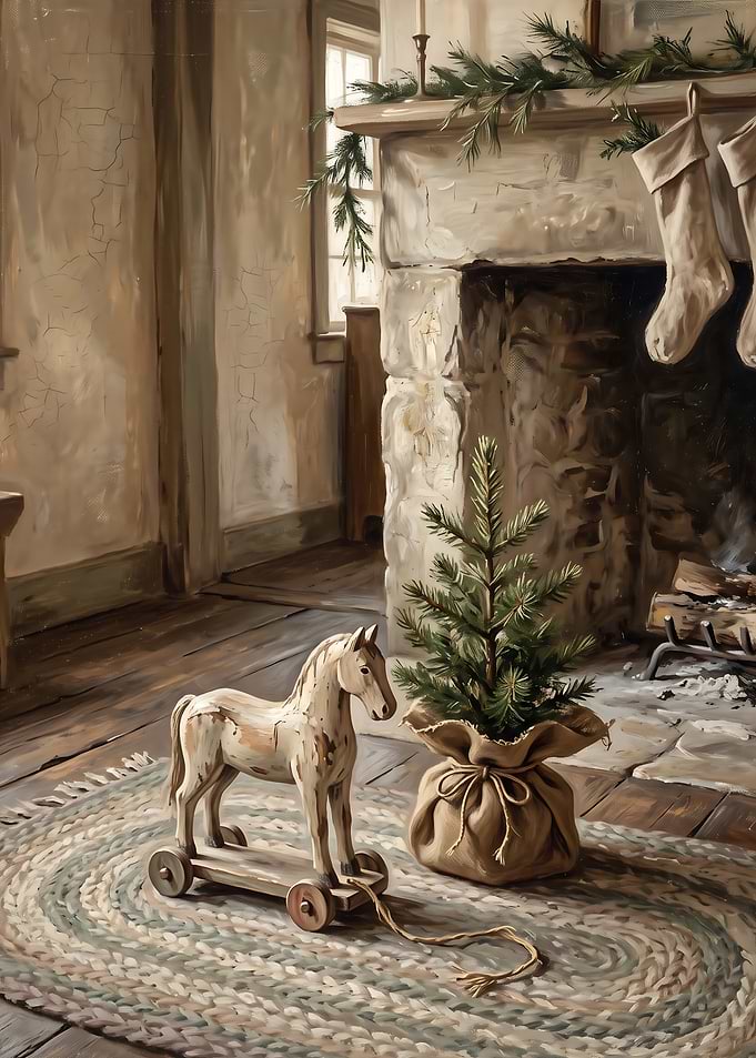 Vintage Christmas Scene with Rocking Horse