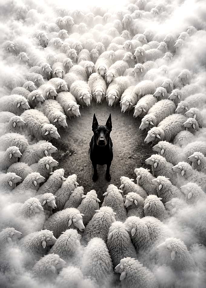 Black Doberman Surrounded by White Sheep