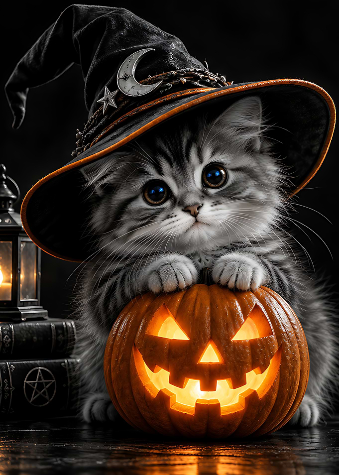 Cute Kitten Wearing Witch Hat