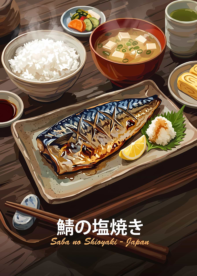 Traditional Japanese Grilled Mackerel Meal