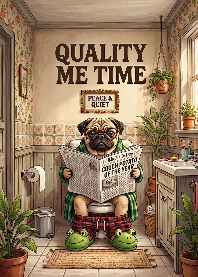 Pug Reading Newspaper on Toilet
