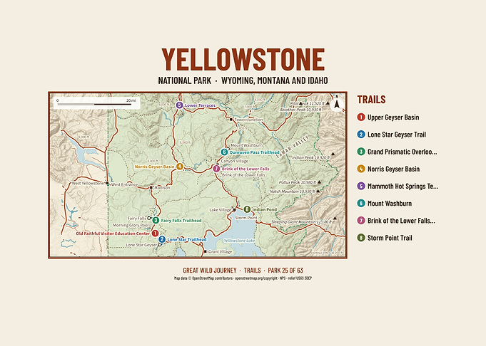 Yellowstone National Park Hiking Trail Map