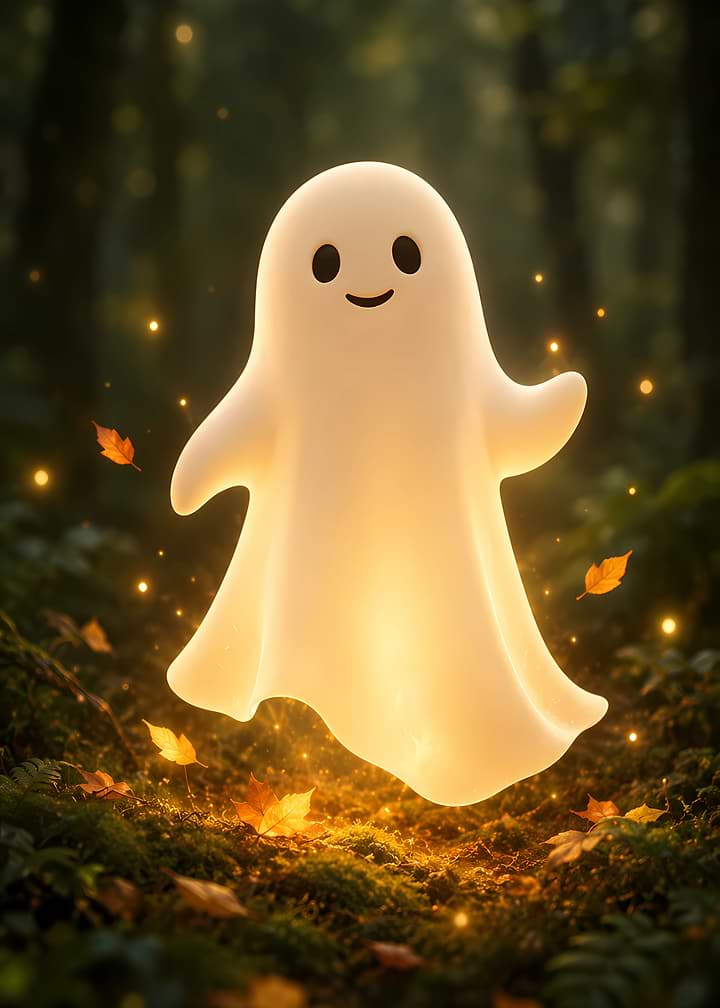 Cute Glowing Ghost in Autumn Forest
