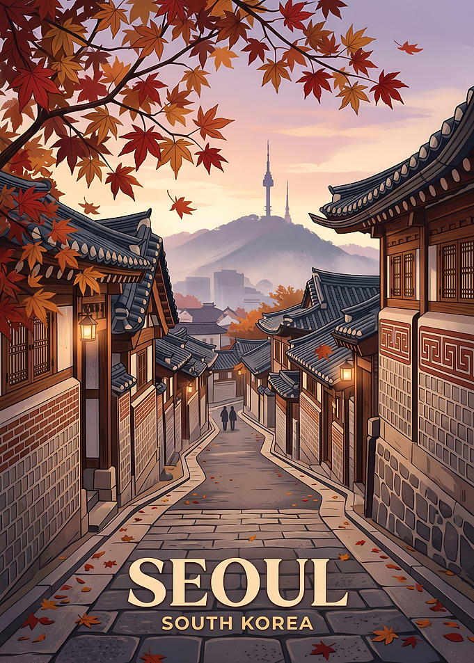 Seoul South Korea Hanok Village Travel Poster