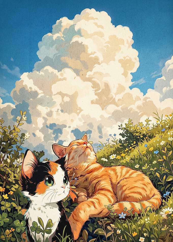 Cats in Meadow Anime Cloud Art