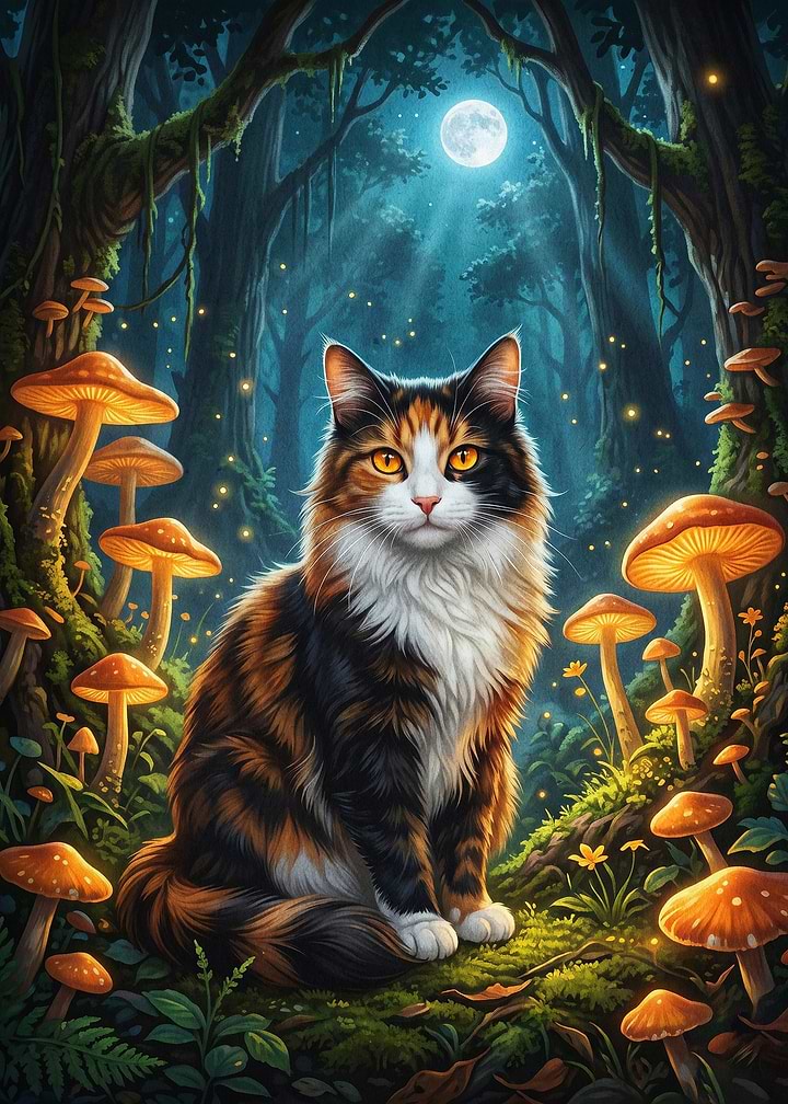 Forest Cat Magical Mushrooms Art