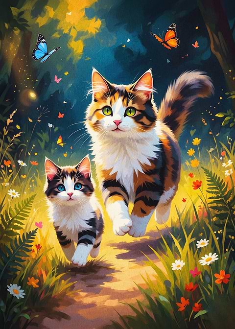Cats Kittens Meadow Butterfly Art