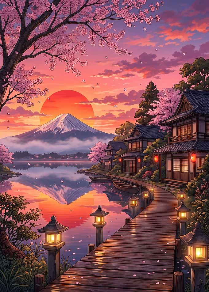 Mount Fuji Sunset with Cherry Blossoms