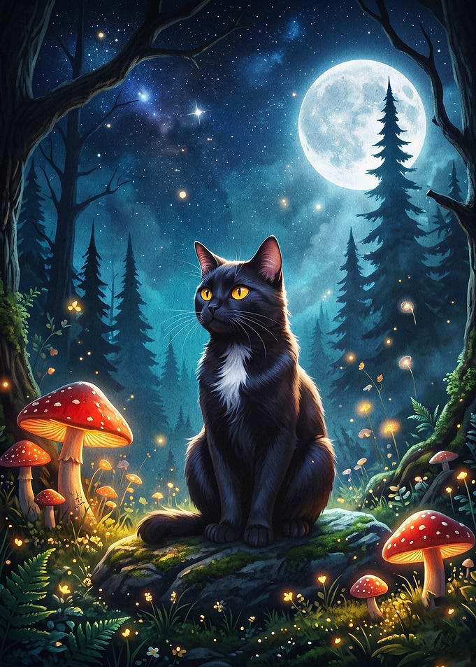 Black Cat Magic Moon Forest Art
