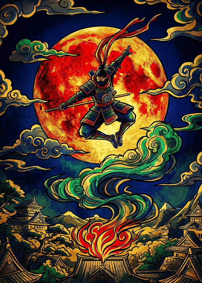Ninja Leaping Before Red Moon