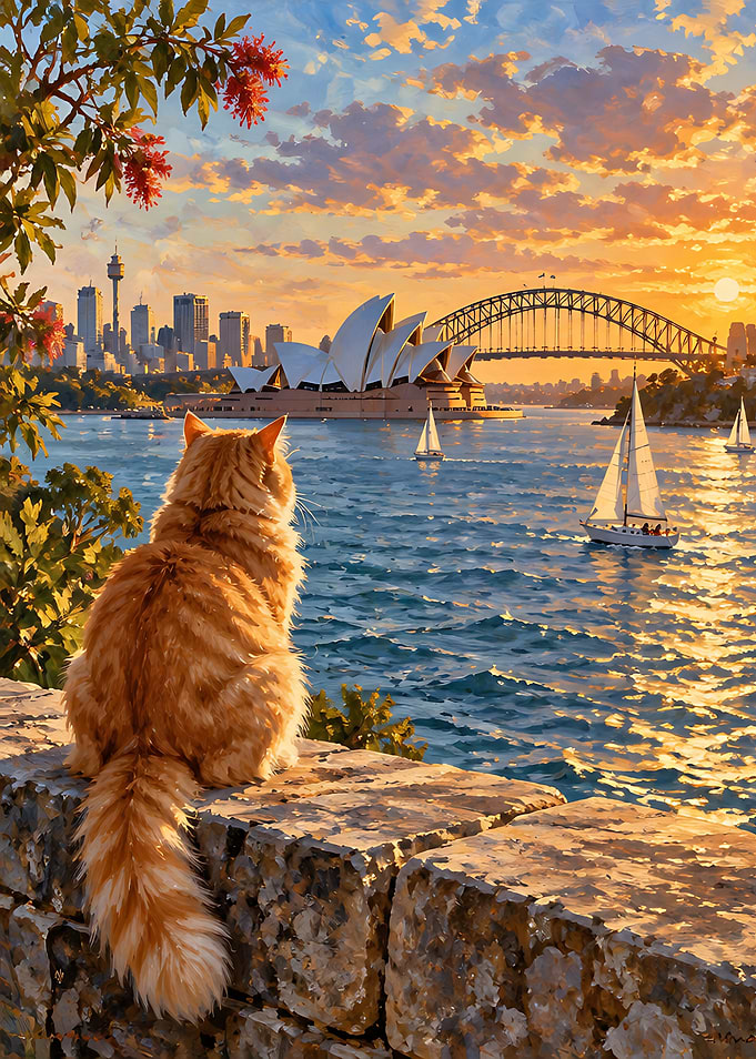 Ginger Cat Watching Sydney Harbor Sunset